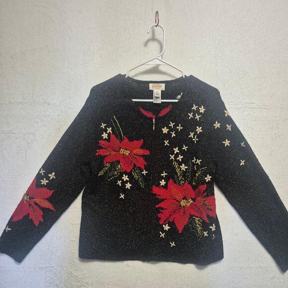 Talbots Holiday Poinsettia Zip Cardigan Silk Blend Petites M Christmas Festive - Picture 1 of 12